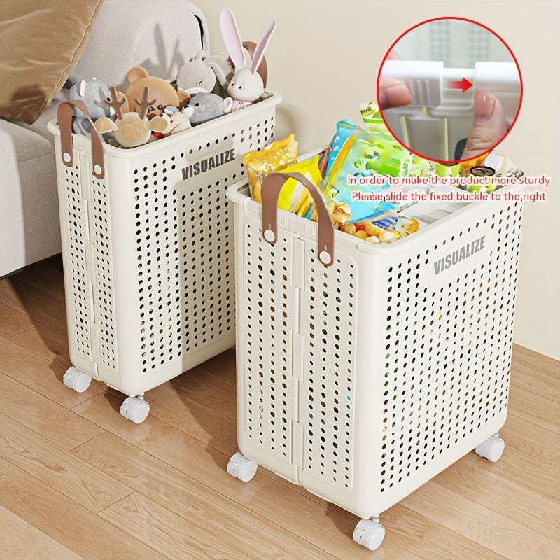 11/15/17.5 Gallon Foldable Laundry Basket with Wheels, Breathable Plastic Rolling Laundry Hamper with Faux Leather Handles, Space-Saving Clothes Storage Bin for Bathroom And Bedroom, Laundry Baskets