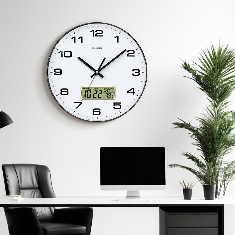 TIMESS calendar display analog wall clock, 10/12/14 inch 4-color large dial silent, can display perpetual calendar and Fahrenheit temperature, bedroom, office, school decoration