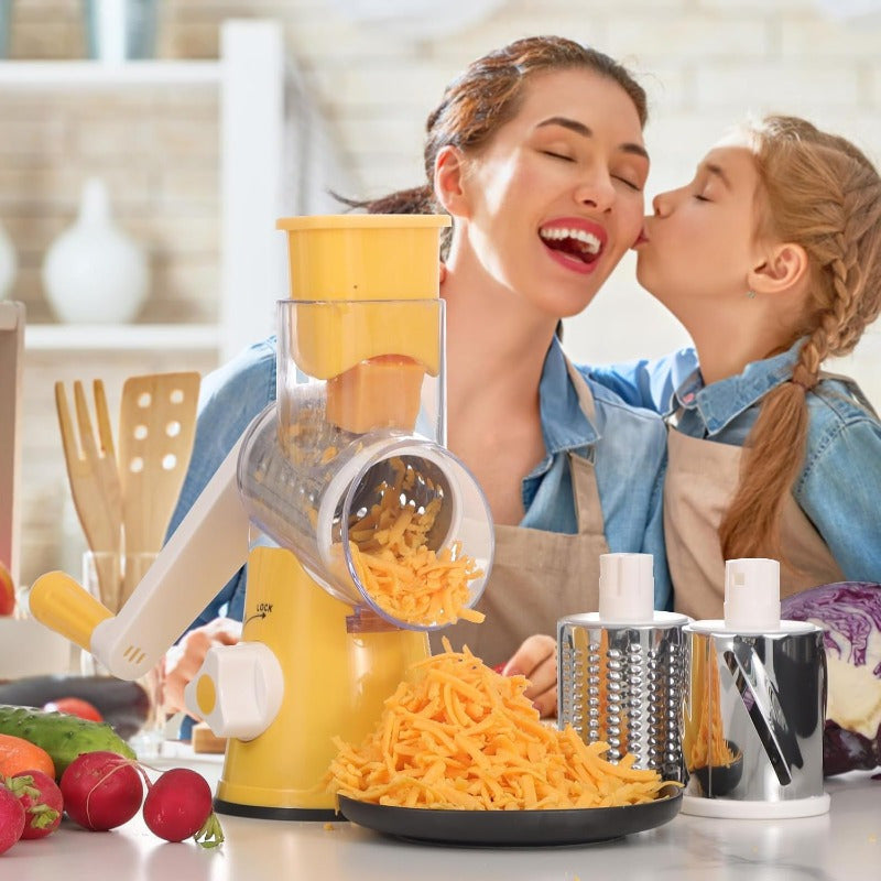 Rotary Cheese Planer Hand Crank Cheese Shredder Fresh Cheese, Vegetable Nuts, Non-Slip Suction Base, Free Cleaning Brush Three Blades