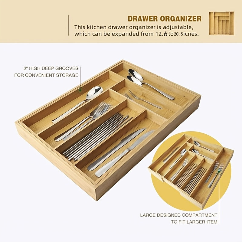 Expandable Bamboo Drawer Organizer - Adjustable Silverware Tray, Cutlery And Utensil Holder for Kitchen Drawer, Multi-Use Storage Tray for Office, Home