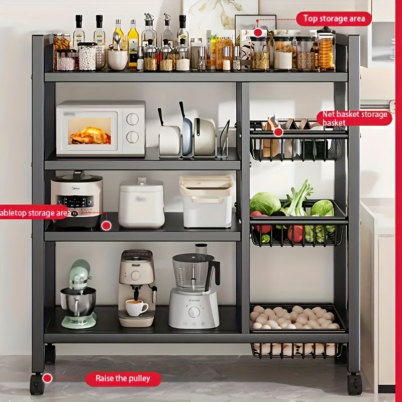 1pc Movable Storage Rack, Adjustable 4-storey Kitchen Shelf With 3 Wire Baskets, Kitchen Organizer And Storage, Metal Shelf Rack With Wheels, Suitable For Garage, Pantry, Bathroom, Closet, Warm House Gift, New Home, Standing Shelf
