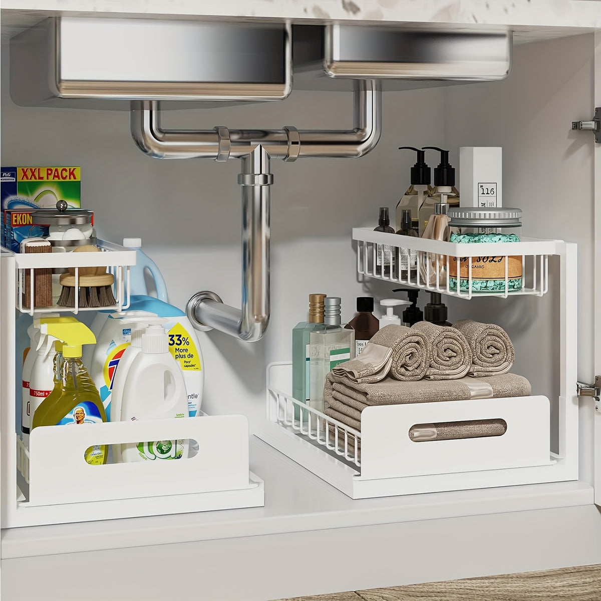 1/2pcs Kitchen Organizers And Storage, Kitchen Accessories, Utility Racks, Under Sink Organizer, Pull Out Cabinet Organizer, 2 Tier Slide Out Sink Shelf, Cabinet Storage Shelves, Under Sink Storage for Kitchen Bathroom Cabinet, Local Warehouse