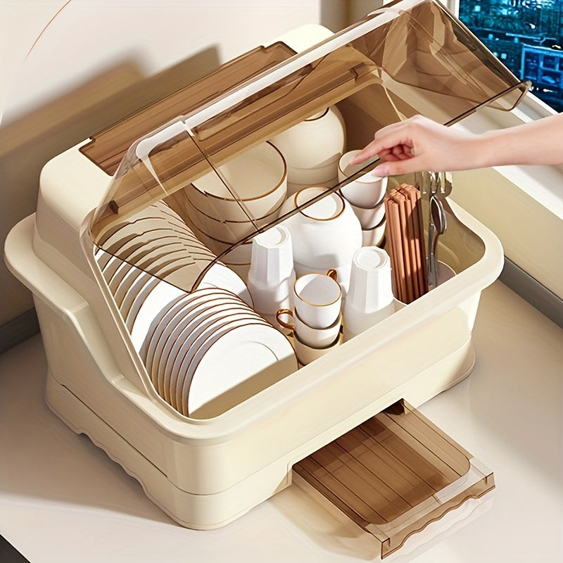 2025 Upgraded Covered Dish Organizer - Space-Saving Countertop & Cabinet Rack | Breezy Cream Cutlery Holder W/ Drain Plate | Dust-Proof Design & Effortless Setup The Best Gifts for Thanksgiving And Christmas