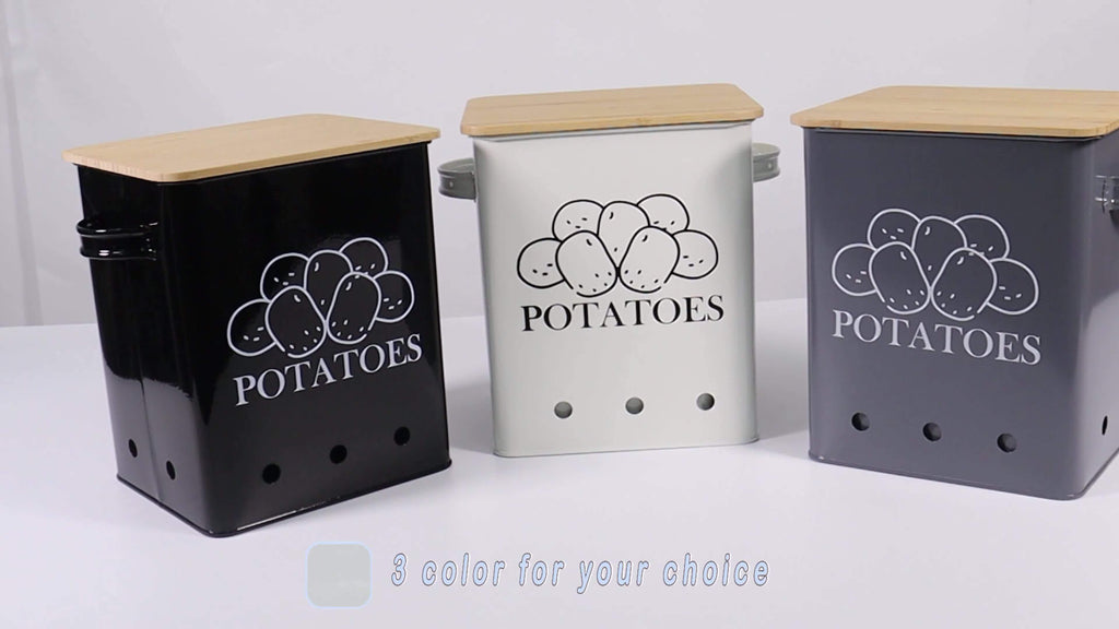 Kitchen Storage Canister, Potato Onion Storage Bin With Aerating Tin Storage Holes & Wooden Lid, Kitchen Organizers For Onion, Potato, Fruit, Black
