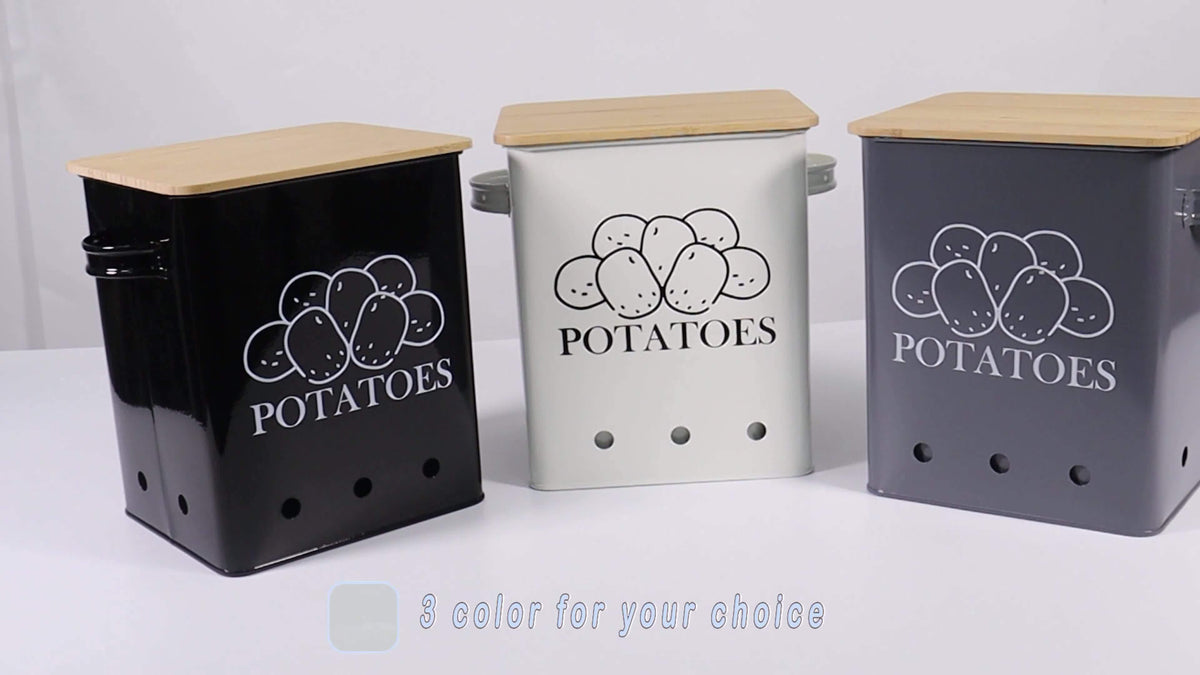 Kitchen Storage Canister, Potato Onion Storage Bin With Aerating Tin Storage Holes & Wooden Lid, Kitchen Organizers For Onion, Potato, Fruit, Black