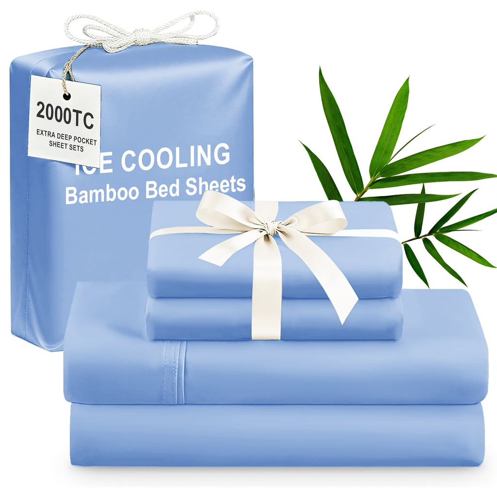 4pcs Bamboo Cooling Bedding - Extra Deep Pocket Breathable And Cooling - Suitable for Hot Sleepers And Sweats, Children Pillowcases, Flat Sheet And Fitted Sheet - A Perfect Gift for Family, Queen And King Sizes