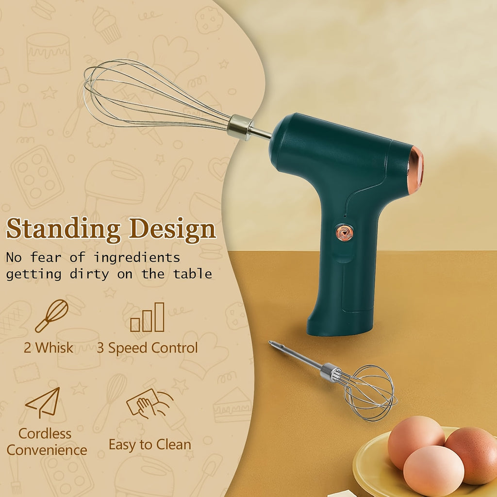 Hand Mixer | Household Cordless Electric Hand Mixer, USB Rechargeable, 304 Stainless Steel, With 2 Detachable Stir Whisks, 3 Speed Modes for Kitchen Baking