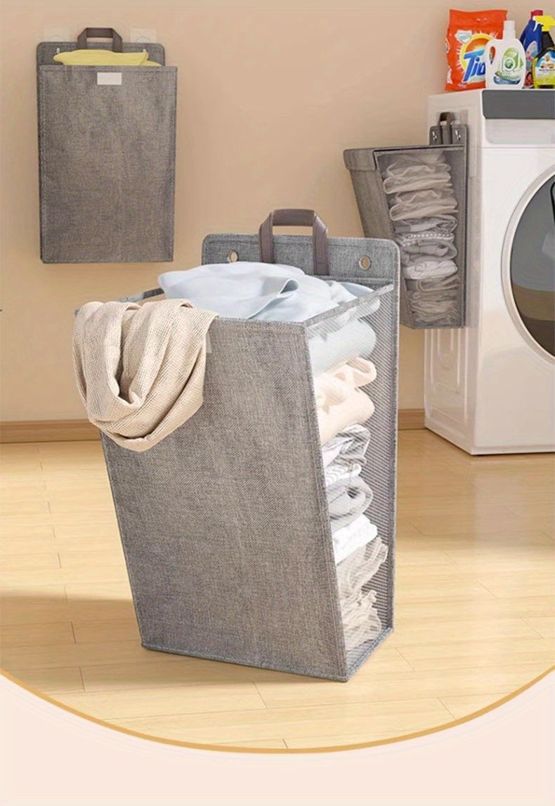Wall Mounted Laundry Hamper with Lid, Foldable Gray Oxford Cloth Basket for Space Saving Clothes and Toy Storage in Bedrooms, Bathrooms and Living Rooms