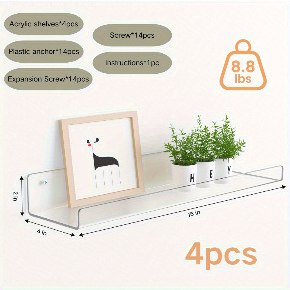 4/8/16 Pack Acrylic Shelves for Wall Storage, Room Decor, 15*4" Floating Bookshelves, Display Shelf Organizer for Bathroom, Bedroom, Living Room, Kitchen, Room Decor, Clear