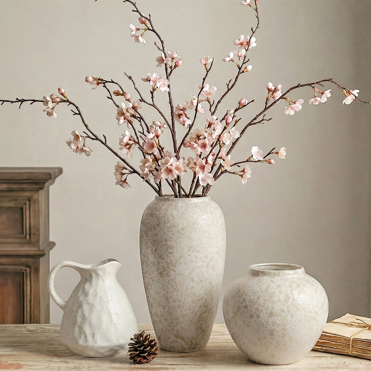 TOMNK Ceramic Flower Vase Home Decor -Large Farmhouse Table Vases Rustic Vintage Living Room Kitchen Bedroom Decorations for House Book Shelf Office Coffee Desk Dining Fireplace (7.9"/13" Tall Rustic)