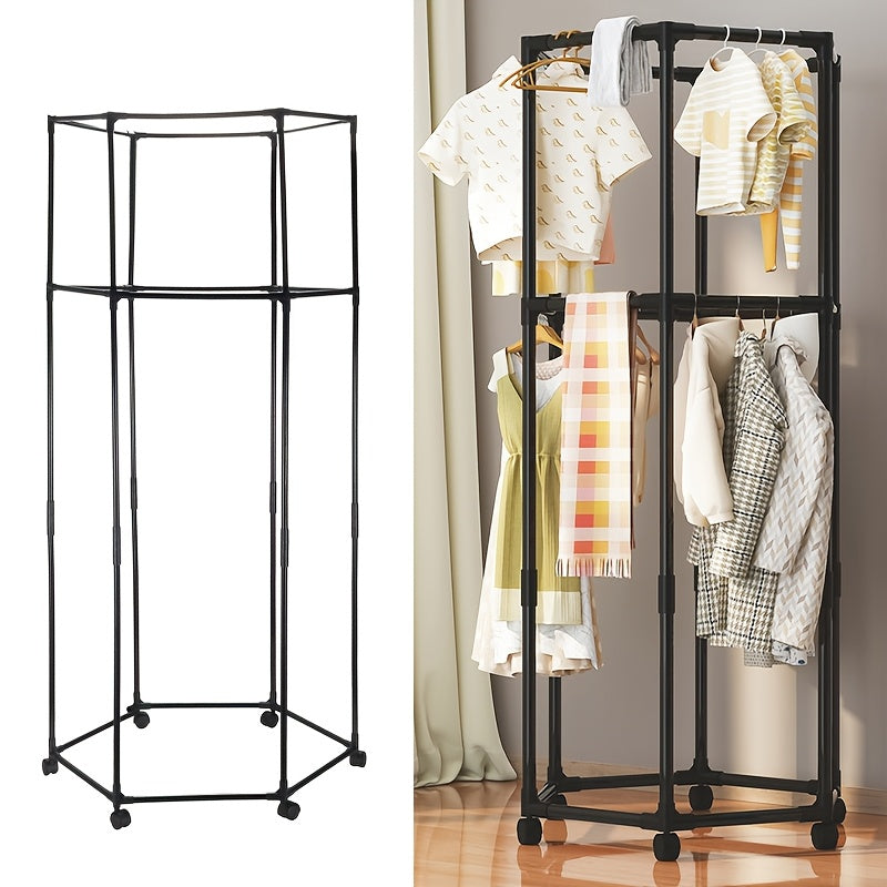 Hexagonal Rotating Garment Rack with Wheels - Heavy-Duty Freestanding 360-Degree Spinning Hanger Suitable for Laundry Room, Space-Saving Mobile Clothing Display, Sturdy Metal Frame for Home Storage & Retail Use, Portable Wardrobe