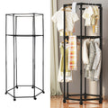 Hexagonal Rotating Garment Rack, Freestanding Metal Clothing Organizer with Single or Double Layer Options and Wheeled Model for Home and Retail Display
