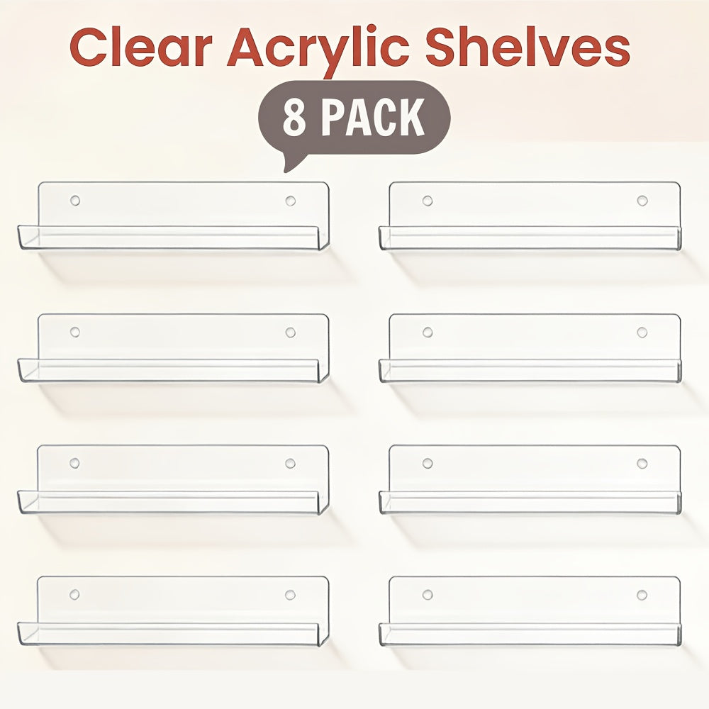 Chefstory 8/16 Pack Acrylic Floating Shelves | 15 Inchx4 Inch Wall Hanging Display Shelf Organizer for Bathroom, Bedroom, Living Room, Kitchen, Room Decor, Clear