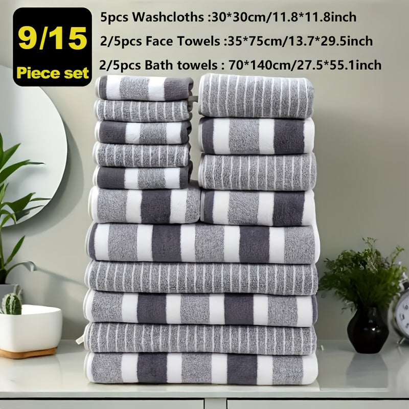 9/15pcs Classic Towel Set, No Hair Loss, Super Absorbent, Super Soft Two-Color Striped Interval Bath Towel Combination, Including 2/5 Large Bath Towels, 2/5 Large Face Towels, 5 Hand Towels, Bathroom Supplies, And Beach Essentials