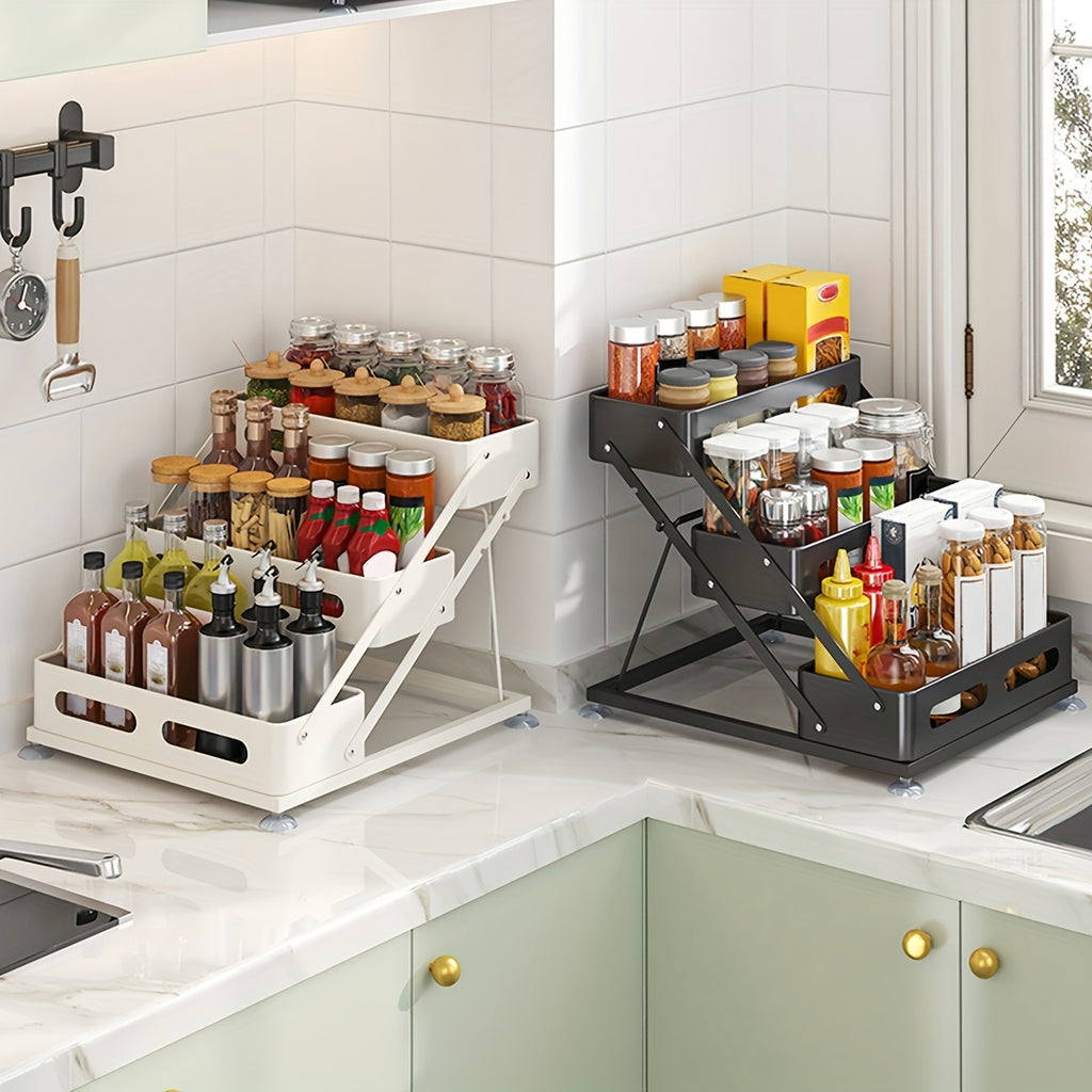 3-Tier Foldable Cast Iron Spice Rack Organizer with Safety Rails - Space-Saving Countertop & Cabinet Storage for Kitchen, Pantry - Durable Painted Finish, Holiday-Themed Design, Kitchen Spice Organizer, Space Saver, Sleek Metal Style, Sturdy Construction