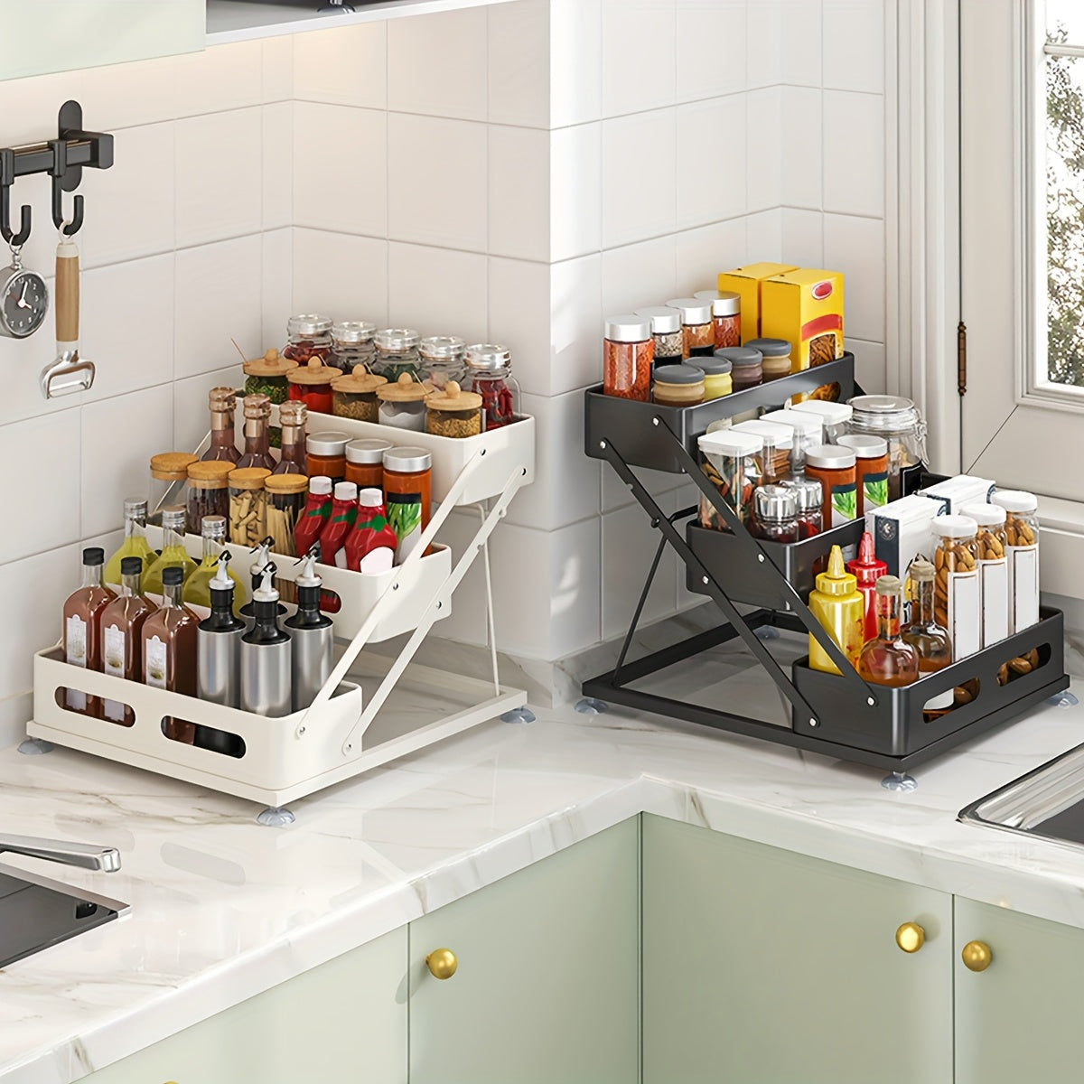 3-Tier Foldable Cast Iron Spice Rack Organizer with Safety Rails - Space-Saving Countertop & Cabinet Storage for Kitchen, Pantry - Durable Painted Finish, Holiday-Themed Design, Kitchen Spice Organizer, Space Saver, Sleek Metal Style, Sturdy Construction