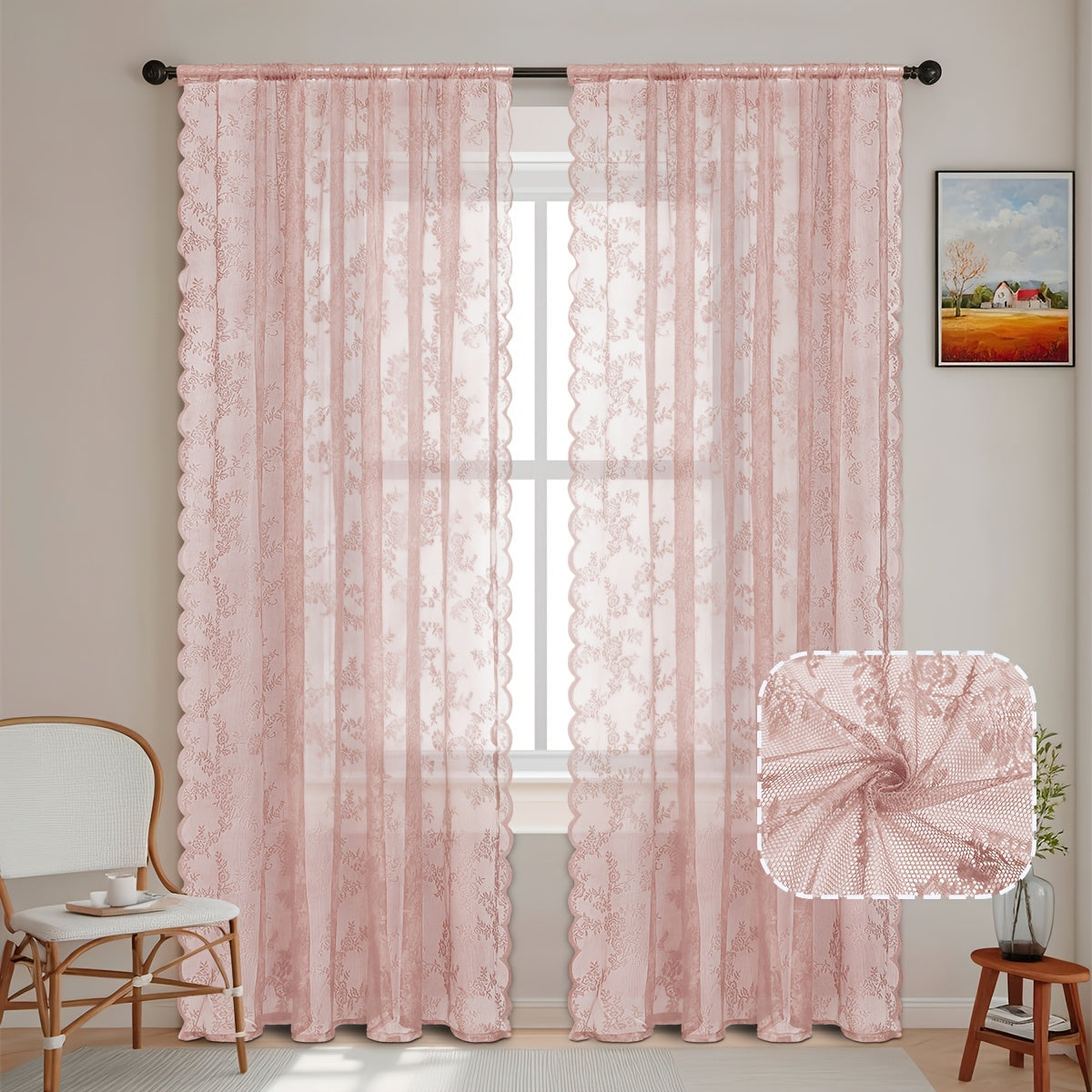 Set of Two White Lace Curtains with Floral Designs, Featuring a Bohemian Style And Semi-Transparent Fabric That Filters Sunlight. Suitable for All Seasons