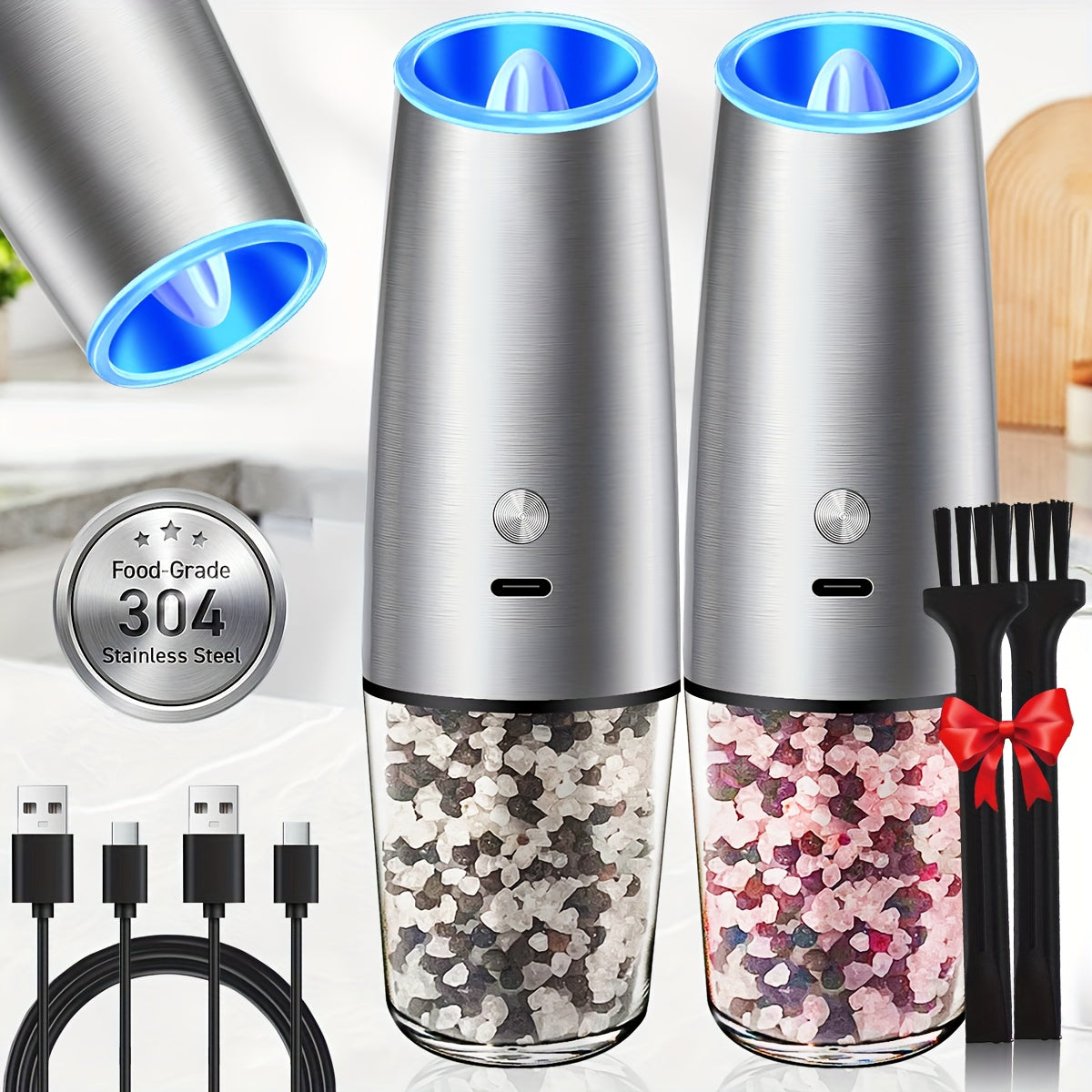 2pcs USB Rechargeable Salt And Pepper Grinder Electric Salt And Pepper Mill & Adjustable Coarseness Automatic Salt Grinders Spice Shakers with LED Light One Hand Operation