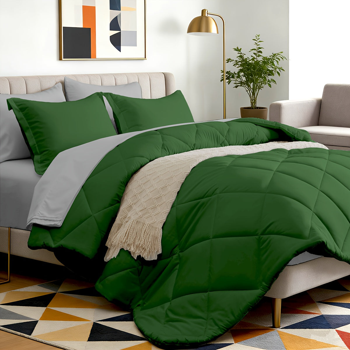 5/7pcs Luxurious Double-sided Checked Pattern Comforter Set-Breathable-Ultra Soft Fluffy Fiber Filling, Warmth for All Seasons-Bed In A Bag with Comforter, Flat Sheet, Fitted Sheet, Pillowcases, And Pillowshams, Family Gift Set, Random Color