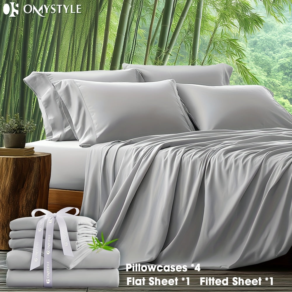 6pcs Bamboo Blend Bed Sheet Set-Flat Sheet, Fitted Sheet And 4 Pillowcases, Luxury Breathable Sheet Set, Ultra Soft Sheet for Hot Sleepers, Deep Pocket, King/Queen/Full/Twin