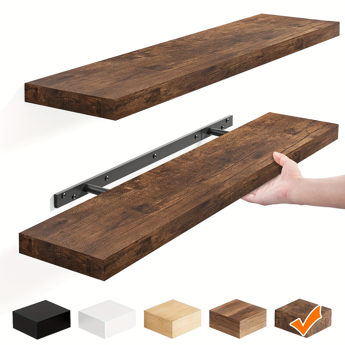 TOMNK 2/4/6pcs Set Floating Shelves, 15.7-inch/19.7-inch/22-inch Wooden Wall-Mounted Shelves, Suitable for Home Decor in Living Rooms and Kitchens, Strong Load-Bearing Capacity, Can Be Installed in Bathrooms, Bedrooms, Living Rooms, or Kitchens
