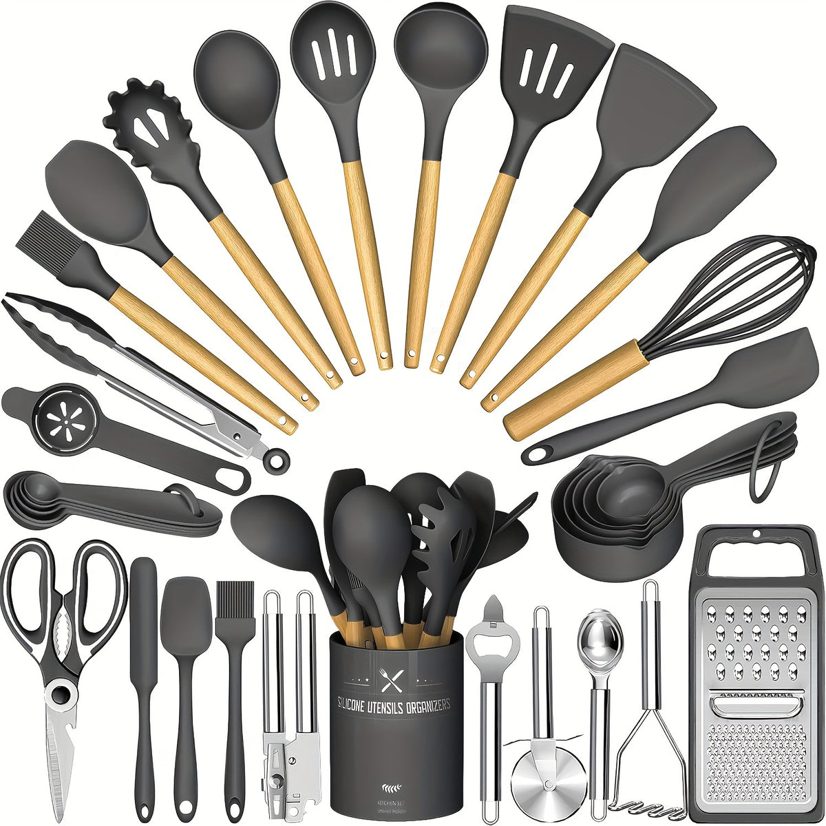Silicone Kitchen Utensils with Wooden Handles, 34-Piece Cooking Tool Set and Holder for Nonstick Cookware in Black, White, Gray or Khaki for Home Meal Prep