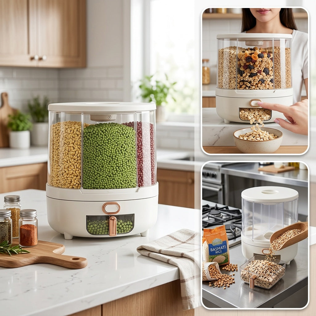 Rotating for rice Bucket | 6-Grid Cereal Dispenser, Large Capacity for rice Bucket | Airtight Dispenser with a Transparent Window, Features Moisture-Proof And Insect-Proof Design, Suitable for Rice, Cereals