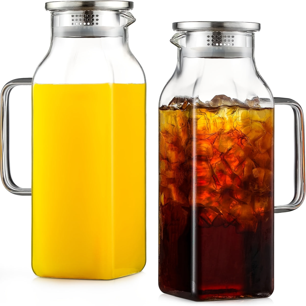 1/2 Pack 2 Liters/68 Oz Square Glass Pitcher with Lid And Handle for Fridge, Iced Tea And Coffee Carafe Beverage Serveware, Heat Resistant Borosilicate Water Jug for Hot/Cold Drinks And Milk, 304 Stainless Steel