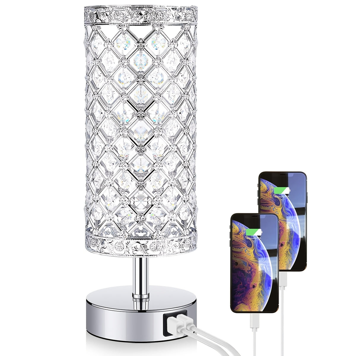Touch Control Crystal Table Lamps With 2 USB Ports, 3-Way Dimmable Bedside Nightstand Lamps With Decorative Crystal, Small Table Lamps For Bedrooms Living Room, Office, Led Bulb Included