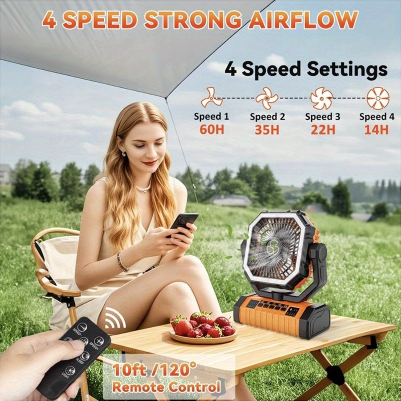 20000Mah Portable LED Camping Fan with Built-In Light, Rechargeable Fan, USB Rechargeable Outdoor Fan for Tents, Hiking, Fishing - Rugged Compact Design, Green And Orange, Hiking Essentials, Sturdy Handle Feature, Camping Additions
