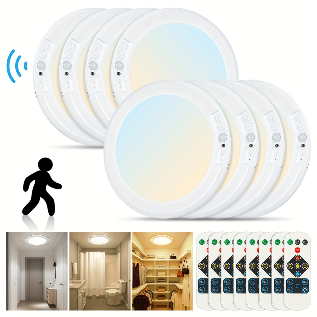 8/6/4/2/1Pack Rechargeable LED Ceiling Light with Motion Sensor, 3 Lighting Options, 10 Brightness Levels Battery Operated Closet Lights, Remote Control Dimmable Timing Motion Shower Lights for Living Bathroom Pantry Hallway Porch(3000K/4500K/6500K)