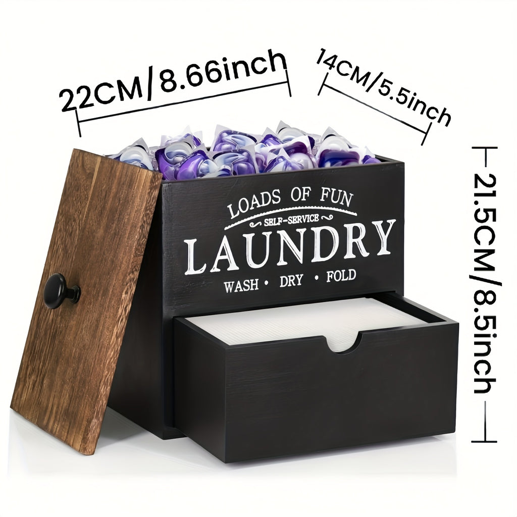 MONDRAME Farmhouse-Style Wooden Dryer Sheet Holder with Drawer And Lid - Dual Installation Options, Wall Mount Or Countertop, Laundry Pod Dispenser for Organized Storage