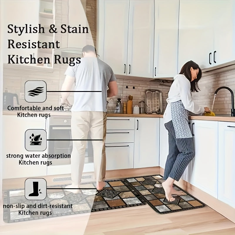 Plaid Kitchen Rug Set, 2-Piece Brown Absorbent Diatomaceous Earth Floor Mats with Non-Slip Backing, Machine Washable Quick-Drying Runner