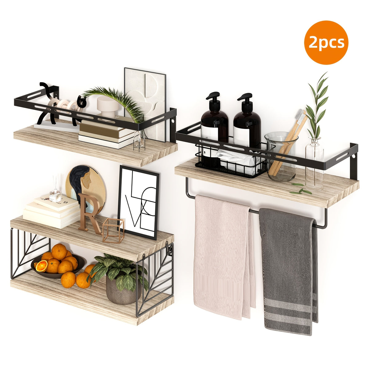 TOMNK 3+1 Tier Wall-Mounted Shelf with Black Metal Guardrails and Storage Baskets, Sturdy and Durable, Space-Saving, Multi-Functional Home Decor, Suitable for Kitchen, Bathroom, Bedroom, Living Room, Small Indoor Spaces, Wall Decoration