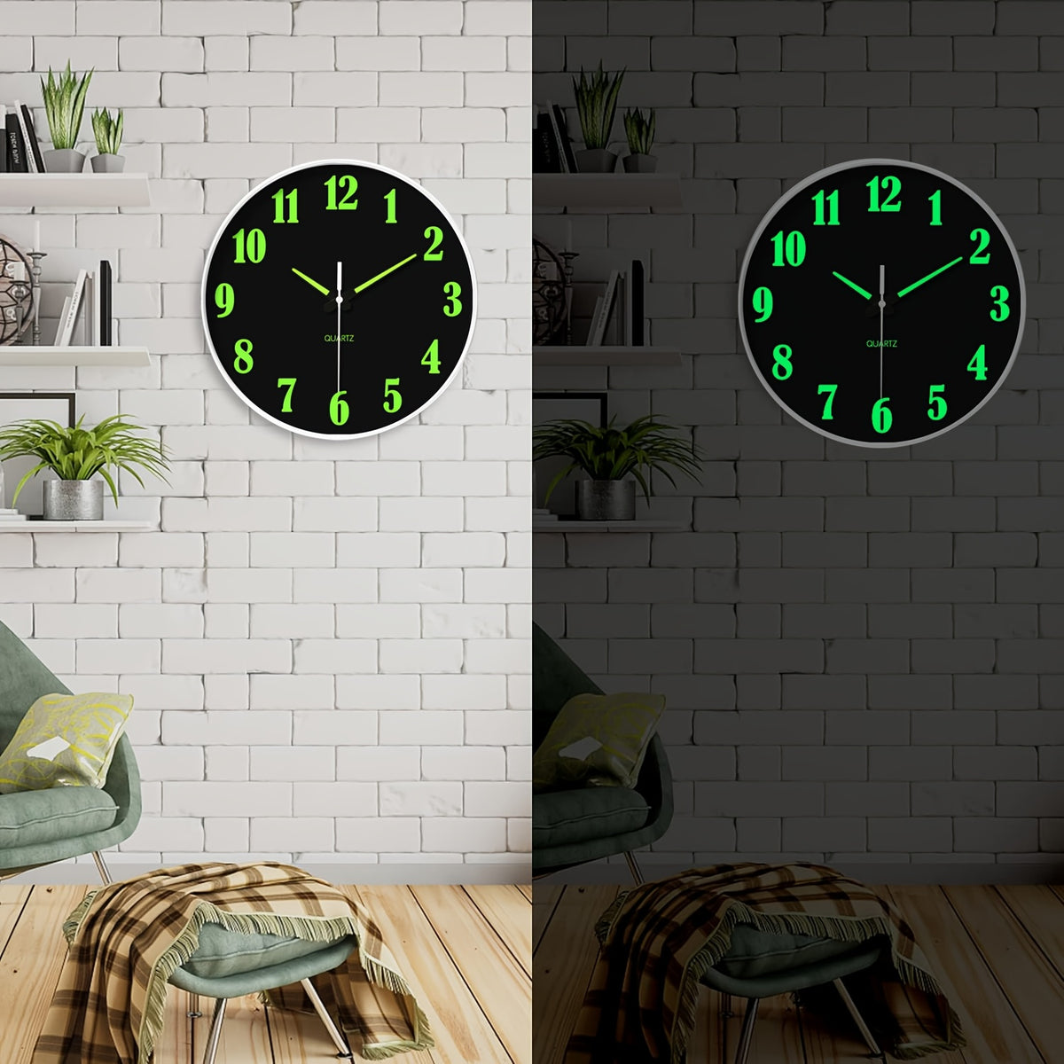 8-16 Inch Modern Black Glow-in-the-Dark Wall Clock, Silent No-Ticking, Battery Powered, Decorative Clock for Living Room, Bedroom, Office & Kitchen, Plastic Frame with High-Transparency Glass Mirror, Perfect Christmas & Housewarming Gift