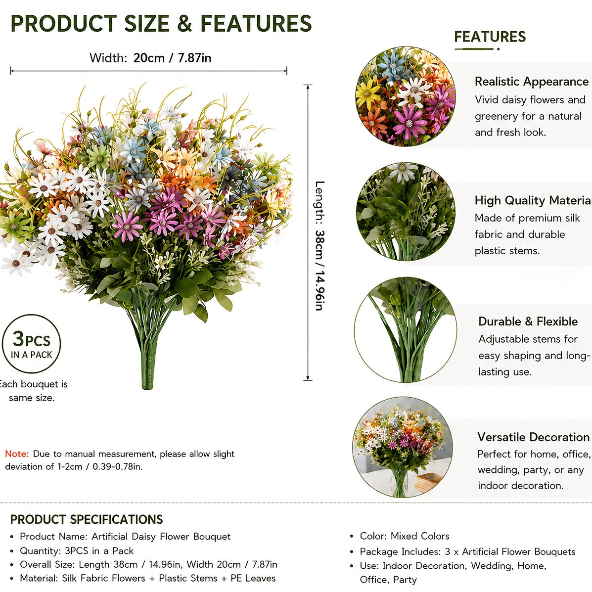 3 Bundles Wildflowers Artificial Flowers Outdoor Fake Daisy UV Resistant Wild Flower Bouquets Bulk Faux Plants Plastic Greenery for Decoration Vase Floral Arrangements Home Decor