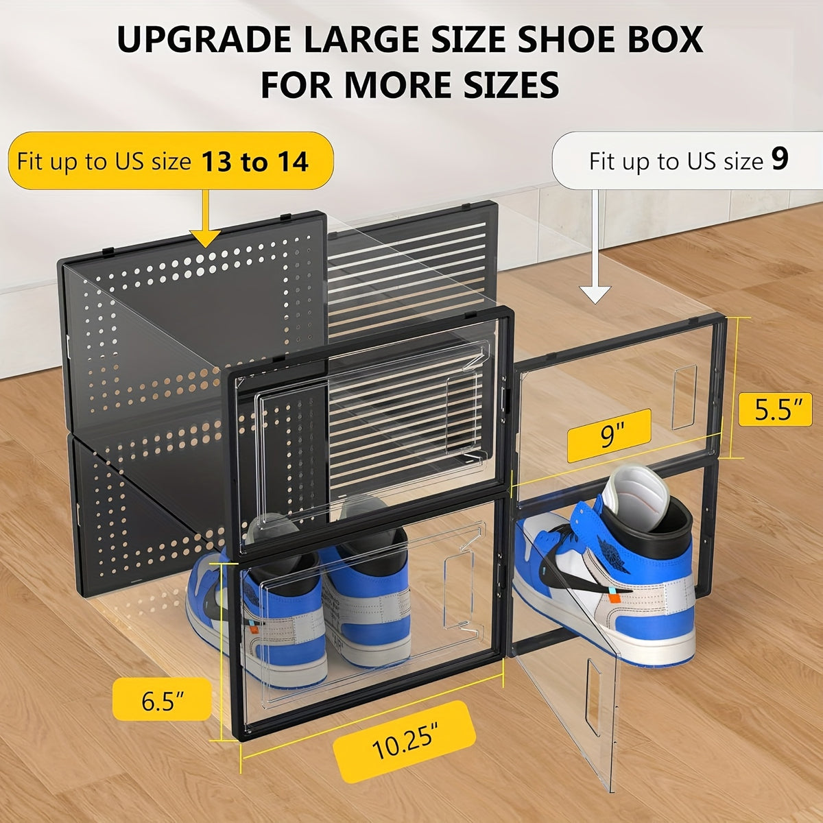 12 Pack XX Large Shoe Organizer Storage Boxes for Closet, Modular Space Saving Shoe Boxes Clear Plastic Stackable Sneaker Containers Display Case with Lids, Black02