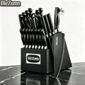 Non-Stick Kitchen Knife Set in Black, Stainless Steel Blades with Lightweight Ergonomic Handles, Wooden Knife Block and Scissors for Home Food Prep