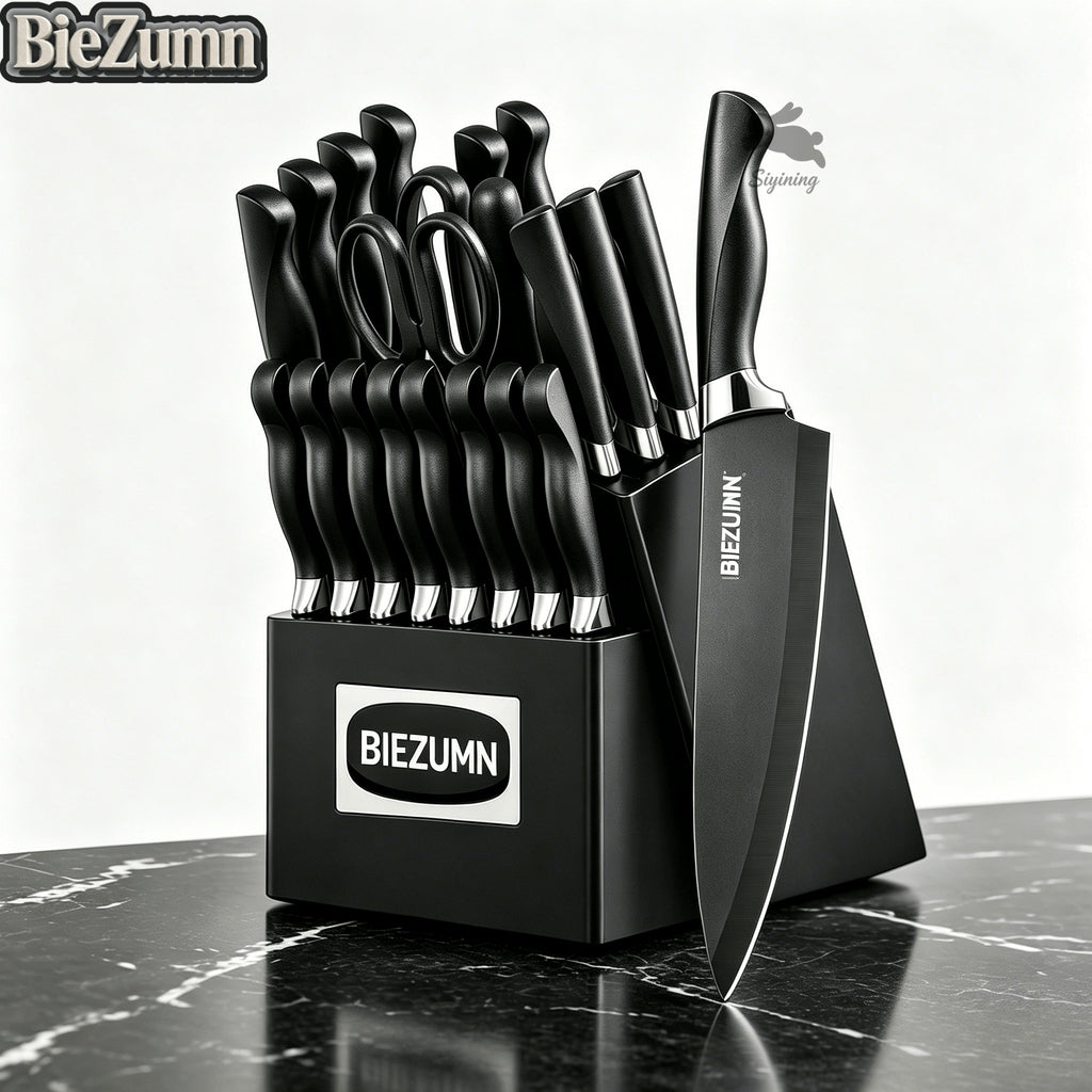 15pcs Black Kitchen Knife Set with Stainless Steel Blades, Non-Stick Coating, And Lightweight Ergonomic Handles- Professional Chef Knives for Home And Commercial Use, Sharp And Durable Utensil Set with Knife Block And Scissors