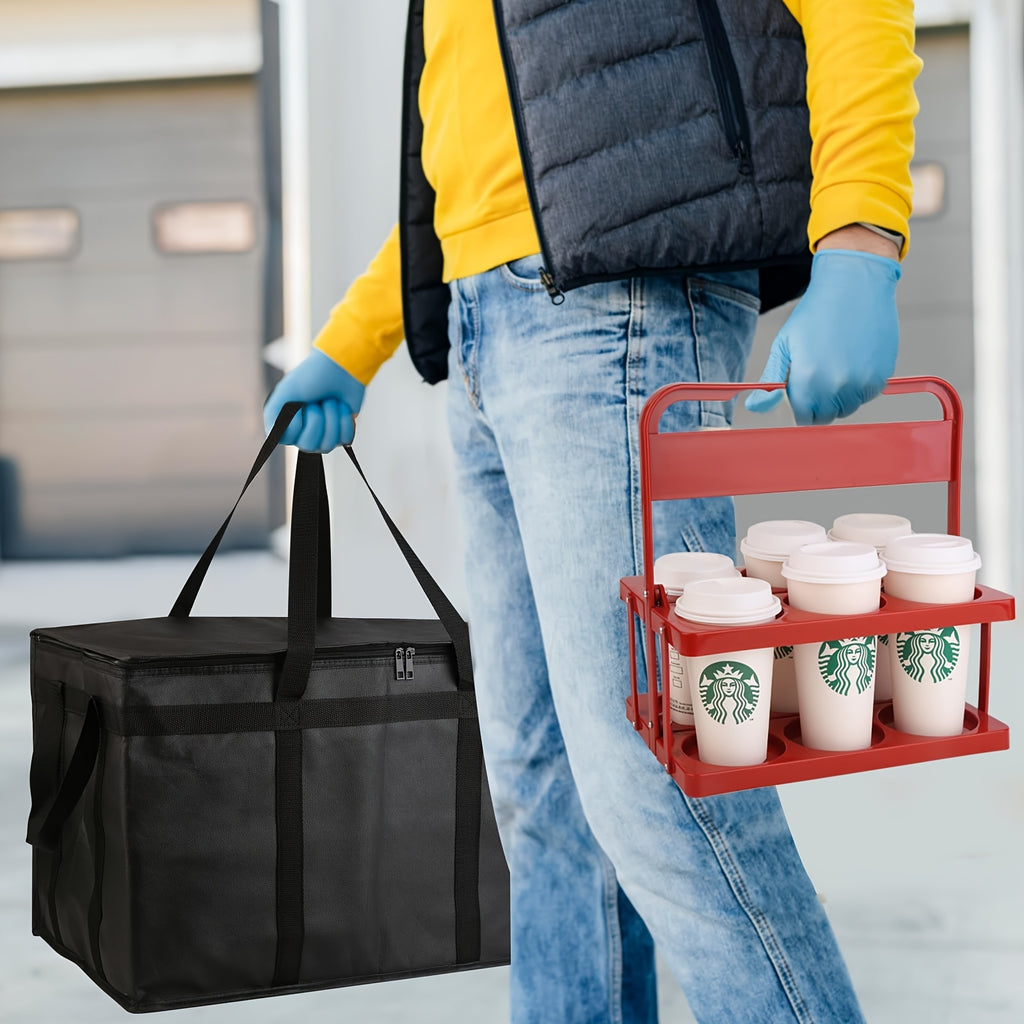 Drink Carrier with Handle, Plastic Cup Carriers for Drinks, Drink Holder for Car, GrubHub, Doordash Accessories, Portable Foldable Reusable Mobile, Use for Food Delivery Bag, RED