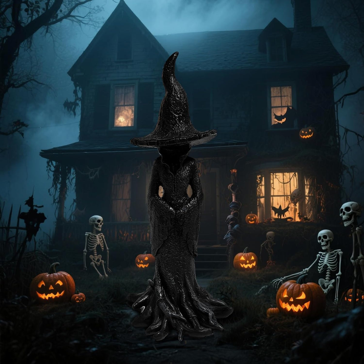 12 Inches 8 Inches Gothic Witch Statue - Hand-Painted Style Plastic Tabletop Decor with Black & Golden Gothic Design, Intricate Witch Figure with Pointed Hat & Expressive Eyes Year-Round Spooky Home Accent for Witch-Themed Parties & Gothic Home Decor