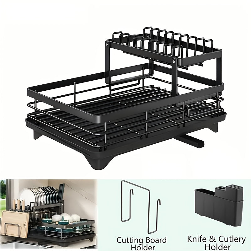 Dish Drying Rack, 2-Tier Dish Racks for Kitchen Counter, Dish Rack with Drainboard & Mat, Dish Drainer with Knife, Fork & Cup Rack, Gifts for Women, Mothers Day, Cool Stuff & Kitchen Gadgets