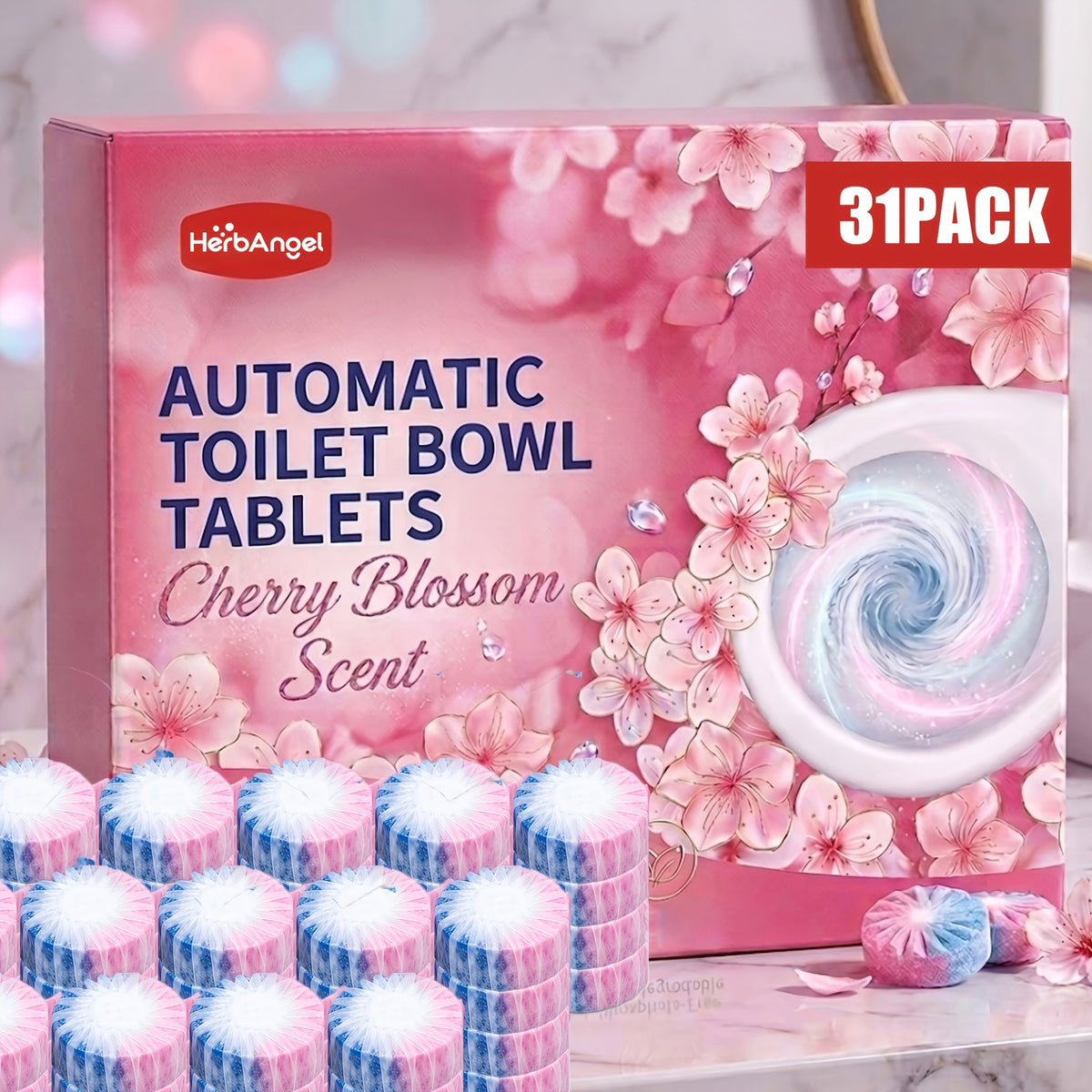 Automatic Toilet Bowl Tablets Suitable for Household Toilets - Cherry Blossom Scent Suitable for Plastic Tank Cleaners, Dual Color Water Soluble Film with Urine Scale Remover, Long Lasting Fragrance Tablets for Deep Stain Elimination