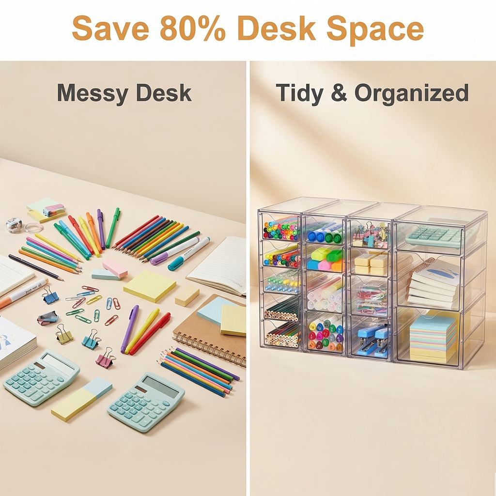 Acrylic Desktop Drawer Organizer, Clear 8 or 16 Drawer Storage Sets for Office Supplies, Makeup, Jewelry and Craft Essentials at Home