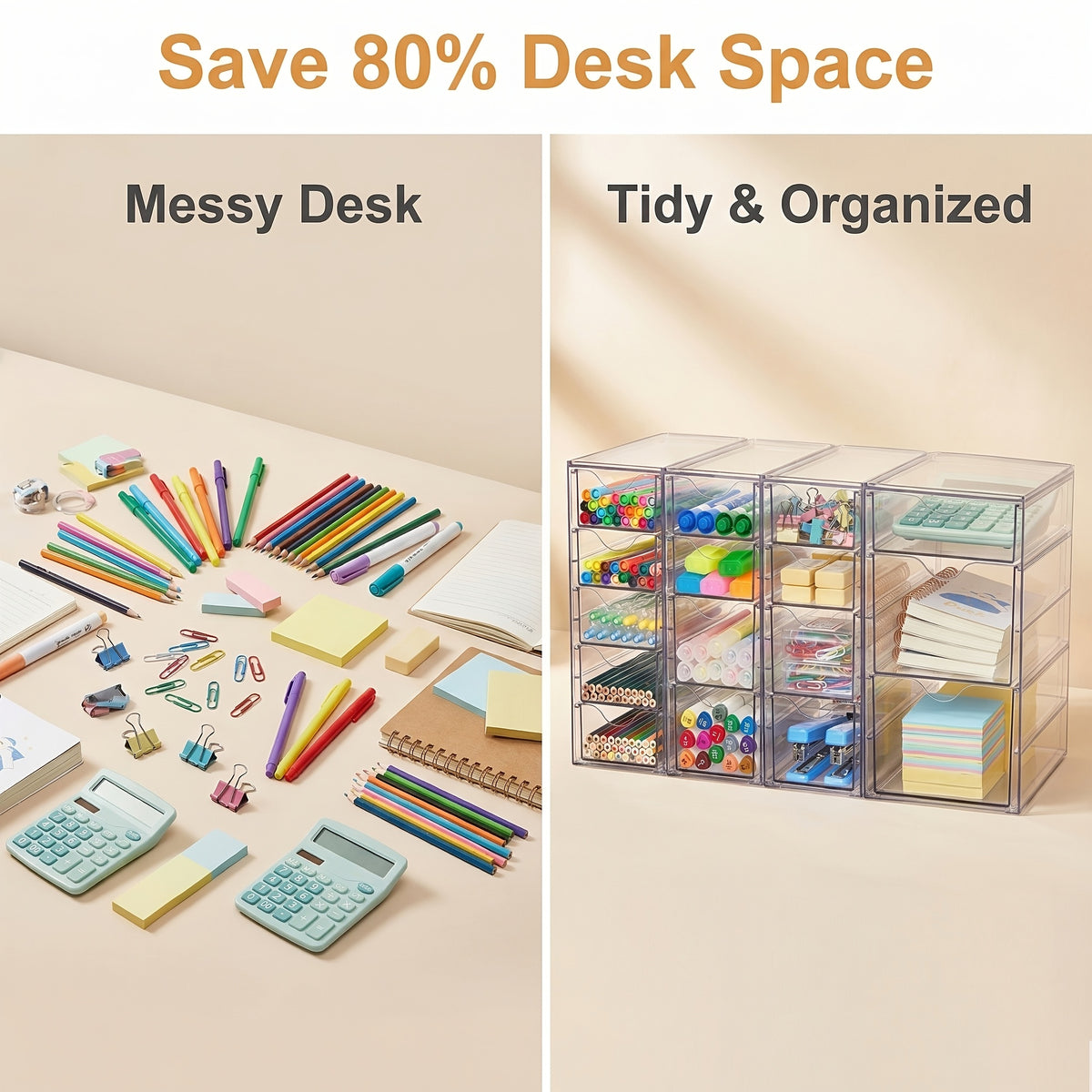 Acrylic Organizer with 8 Drawers (2 Set)/16 Drawers (4 Set), Clear Storage Drawers for Office Supplies, Desk Organization And Storage for Makeup, Jewelry, Art Crafts, Desk & Drawer Organizer for Home Storage