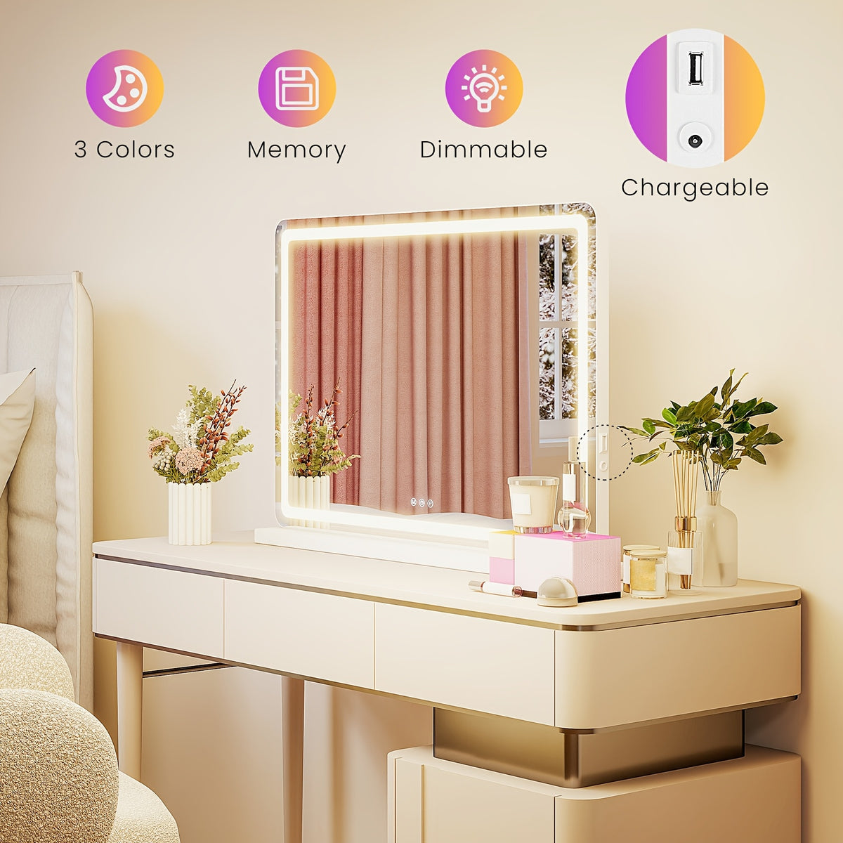 Dimmable LED Vanity Mirror with Memory and 3 Color Modes, Aluminum Frame Makeup Mirror with USB Port for Bedroom Desk in 13 x 17 or 22 x 19 Inch Sizes