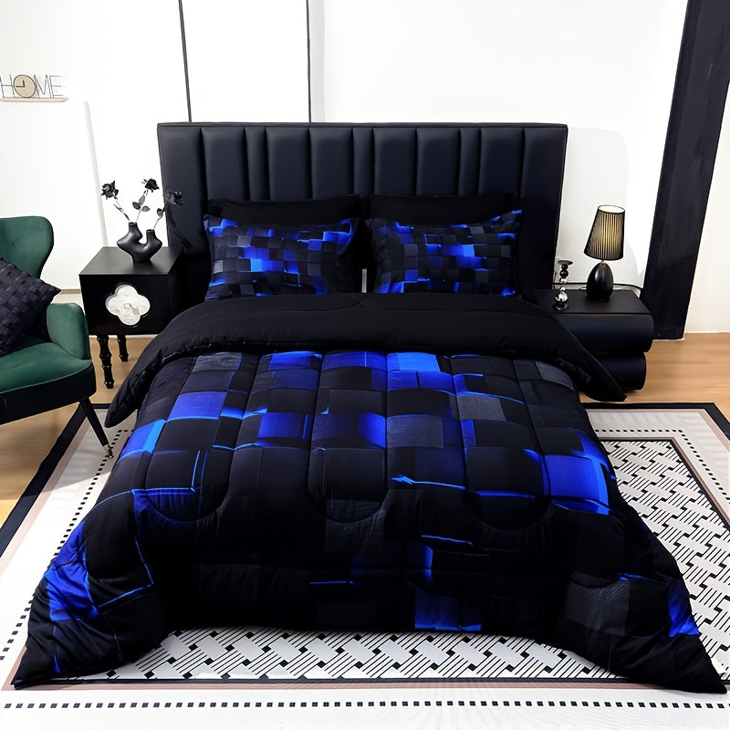 2D Flat Tog 4 3pcs Super Soft Fashion Sense Of Technology Grid Thickening Quilt Set (1 Comforter +2 Pillowcases Without Pillow Core), Contains Padding 180Gsm Quilting Soft Ventilate Digital Printing Bedroom Dormitory At Home Perfect Halloween Gift