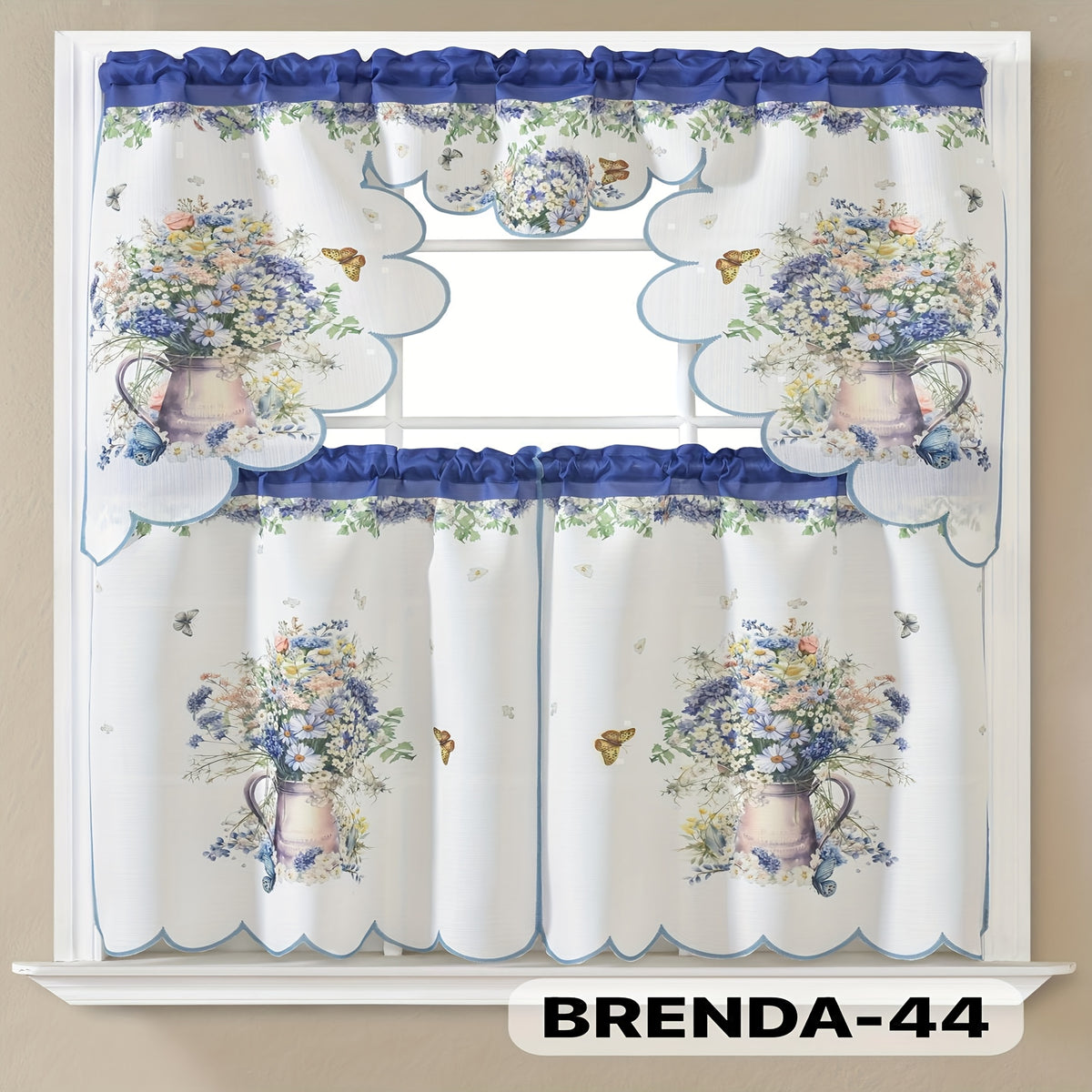 3pcs Bamboo Embroidered Kitchen Curtain Set, Floral Embroidery, Lightweight and Soft, Easy Care, Machine Washable, Satin Fabric, Embroidered