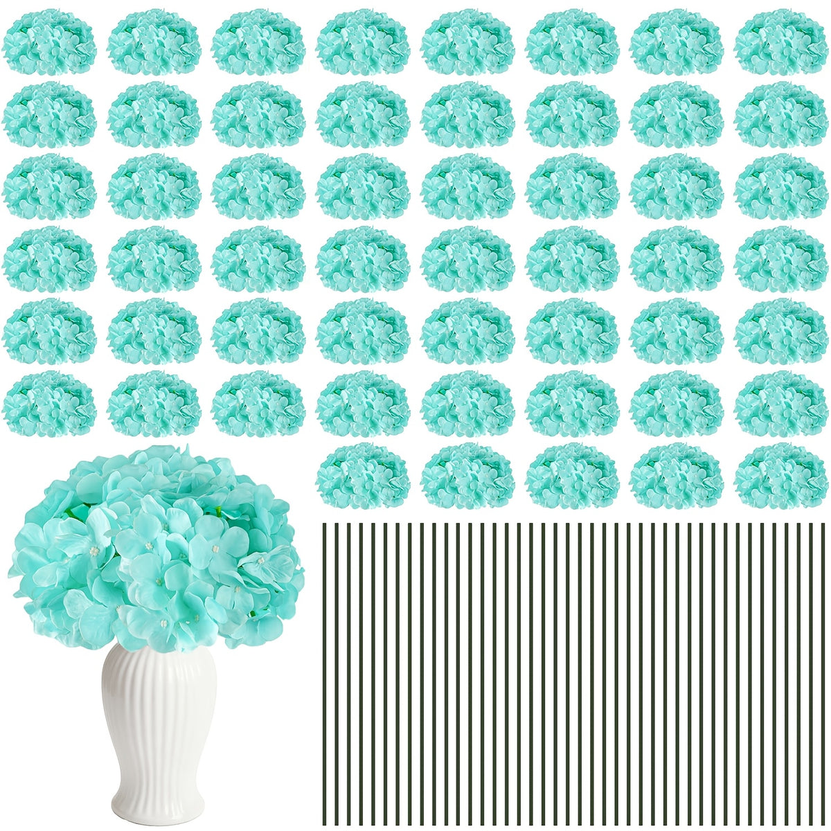 Set of 24 Synthetic Hydrangea Blooms with Stems, Ideal for Wedding Decorations, Home Parties, Baby Showers, And Store Displays. These Floral Arrangements Are Long-Lasting And Can Be Reused, Available in White, Orange, Blue, Dreamy Purple, Champagne