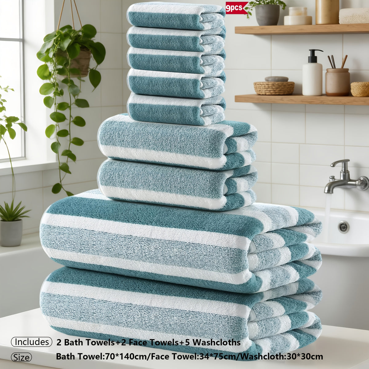 9/15pcs Classic Towel Set, No Hair Loss, Super Absorbent, Super Soft Two-Color Striped Interval Bath Towel Combination, Including 2/5 Large Bath Towels, 2/5 Large Face Towels, 5 Hand Towels, Bathroom Supplies, And Beach Essentials